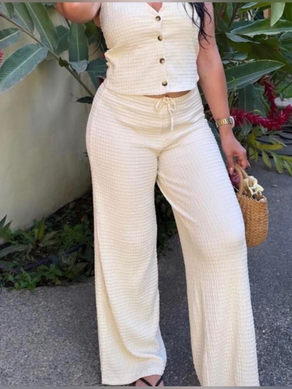 ZARA 2 Piece Set. Textured Cream Wide-Leg Pull-on Pants & Matching Vest - Picture 13 of 16
